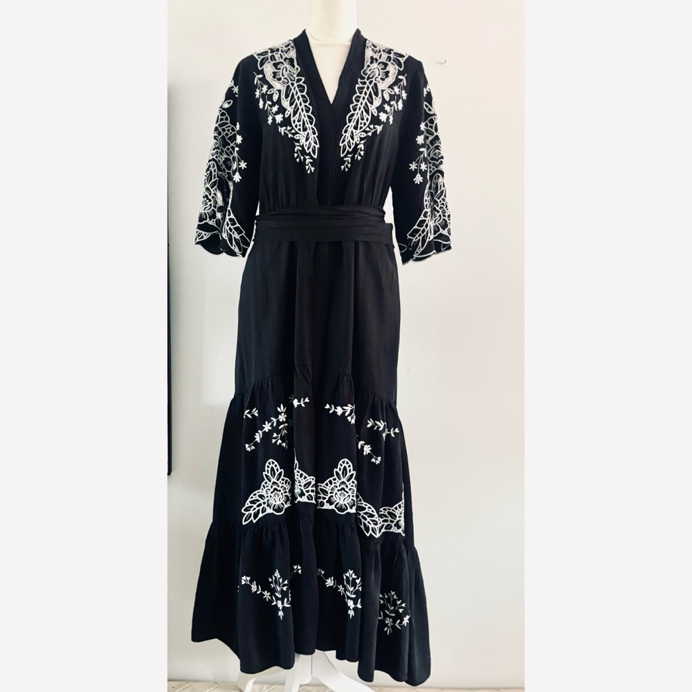 Kobi Halperin Black Maxi Dress with White Floral Embroidery, Ruffles-Small